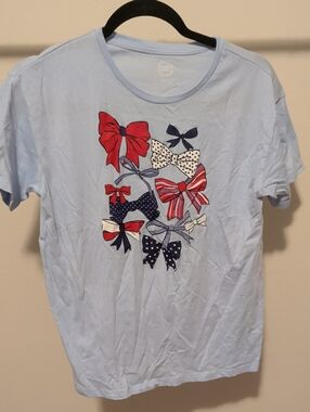 Girls Light Blue Bow Print Tee